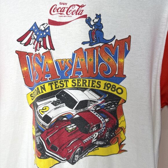 Vintage Sprint 80s Ringer T Shirt Racing Liverpool Raceway USA vs Australia Coke - Picture 2 of 13